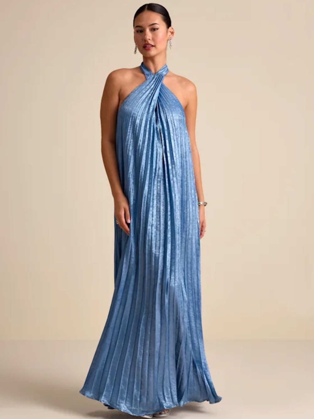 Lulus Gelsey Dusty Blue Pleated Halter Shift Maxi Dress - Size L
